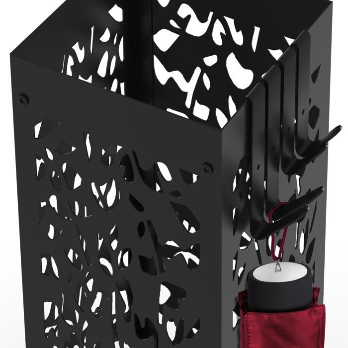 IDMarket Porte Parapluie FLOWER Carré En Acier Noir - Hauteur 45 Cm Avec Bac Et Crochets