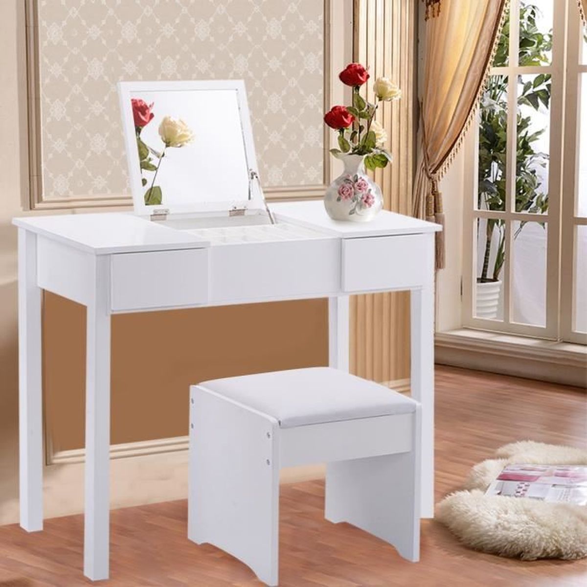 Coiffeuse table de maquillage avec miroir tabouret boîte de rangement 2 tiroirs