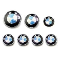 KIT 7 Badge LOGO Embleme BMW Carbone Bleu Capot82 + Coffre74mm +Volant + 4 Caches Moyeux