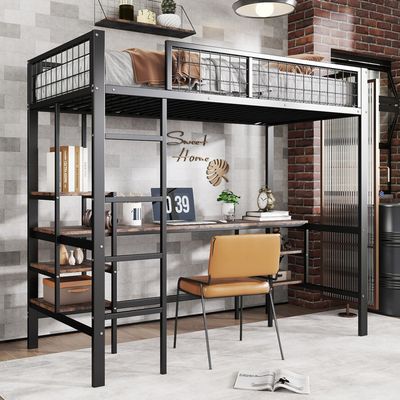 Lit mezzanine métal 90x200cm, bureau, bande led, garde-corps, échelle