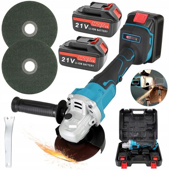 Meuleuse D'Angle Sans Fil 21V - 2 Batteries 1300mAh, Moteur Sans Balais, Disque 125mm M14, Coupe & Polissage Métal, Bois, Pierre, Carrelage & Acier