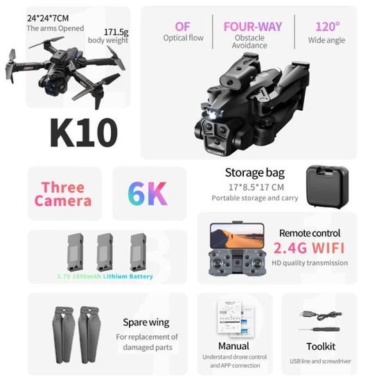 Noir-6K-3C-3B-K750FA-Drone Professionnel K10 Max pour Photographie  Aérienne, Avion 8K, Trois Caméras HD, Ret - Cdiscount Jeux - Jouets
