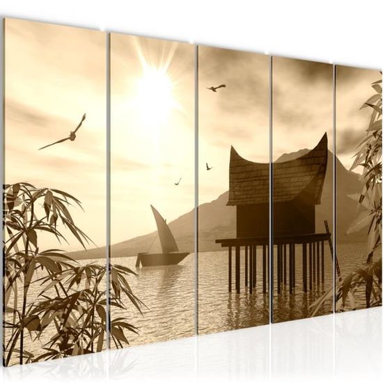 Woxfcart Toile Murale Pour Salon - Motif Coucher De Soleil - Paysage Naturel - Océan - Décoration D'intérieur Jaune - 61 X 91 Cm