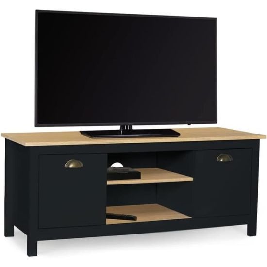 Meuble TV MALO 180 Cm - Design Bois Et Noir - 2 Placards + 4 Niches - Plateau Pour écran Jusqu'à 70 Pouces - À Monter Soi-même