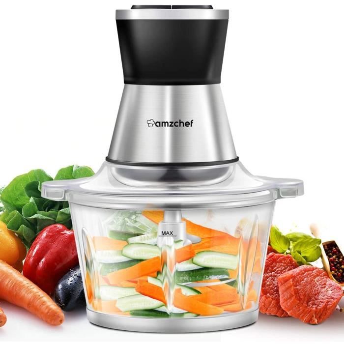 Hachoir Électrique, Amzchef Hachoir à Viande electrique, 4 lames en acier inoxydable, Bol en verre de 1,8 L sans BPA, 350W