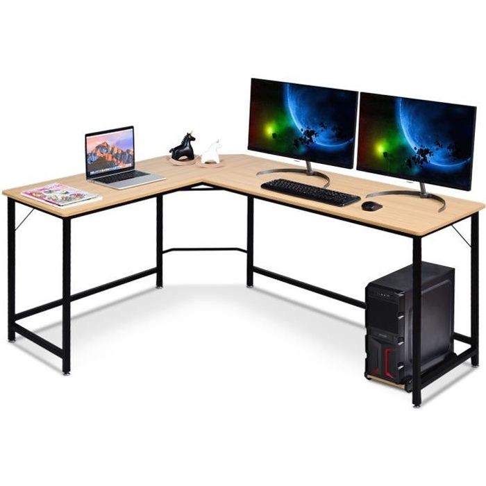 COSTWAY Bureau d’Angle Style Industriel 168x125x74CM Table Gaming en Bois avec 6 Pieds Réglables Métal Naturel Support Séparé