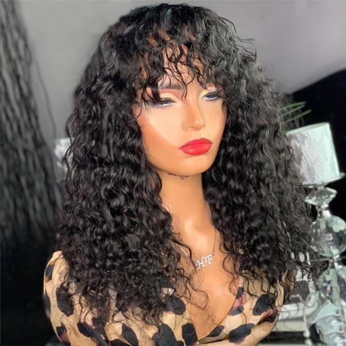22- Perruque Bresilienne Cheveux Humains Naturel Lace Front Perruque Avec Frange Boucles Ondule Pour Femme
