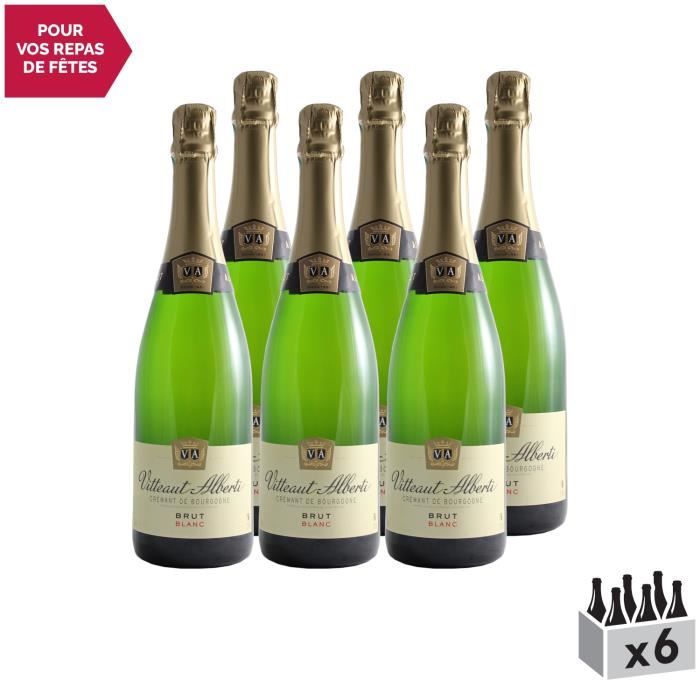 Crémant de Bourgogne Brut Blanc - Lot de 6x75cl - Domaine Vitteaut-Alberti - Vin effervescent AOC Blanc de Bourgogne - Cépages
