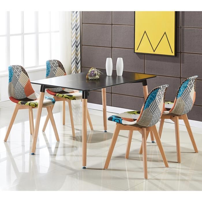 Lot de 4 Chaises en Tissu à Imprimé Patchwork Sacha - Design Scandinave - Salle à Manger, Salon, Bureau - Style Rétro & Tendance