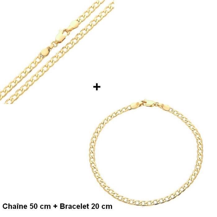 Collier 50 cm et Bracelet 20 cm maille Gourmette Limée Plaqué Or Jaune 750/1000
