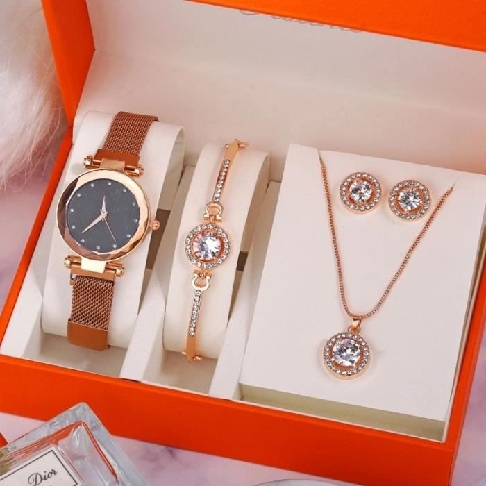 Coffret des Bijouts- pour Fememe montres cristal- Bracelet- Boucle d'oreille-Collier - Montre Quartz Offerte - Classique- Cadeaux