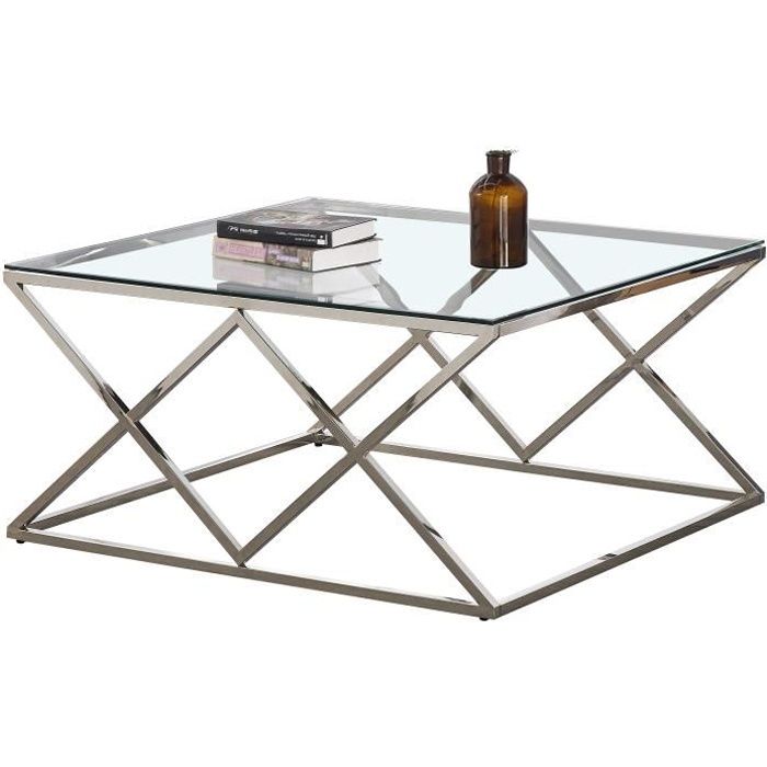 Table basse carré design en acier inoxydable poli argenté et plateau en verre trempé transparent L. 100 x P. 100 x H. 50 cm