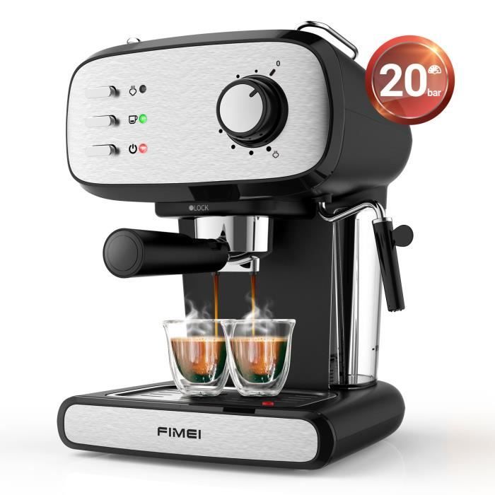 FIMEI Machine à expresso, machine à café, 20 bars pour expresso et cappuccino, 2 tasses, noir et inox, Mousseur à lait