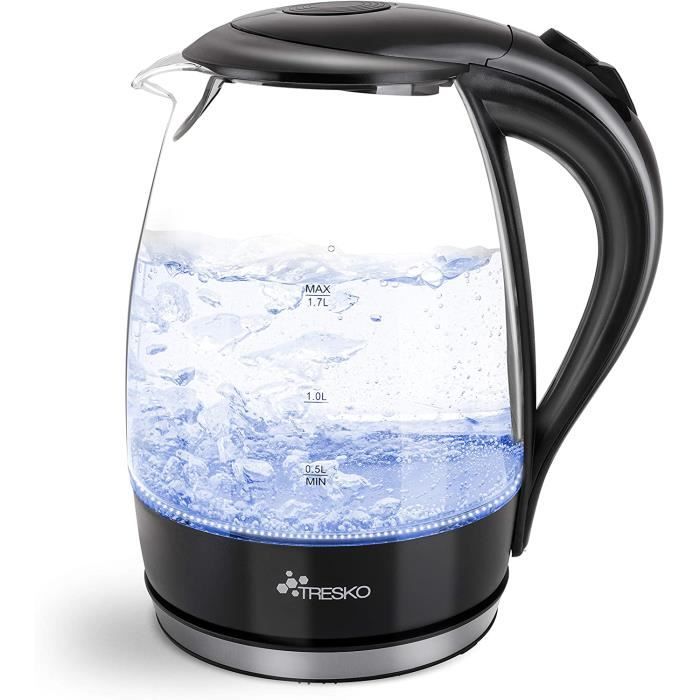 TRESKO Bouilloire en cristal 1,7L - 2200W - Illumination LED - sans BPA - Base en acier inoxydable à 360° - Arrêt a