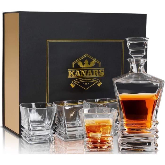 KANARS WD07 Kit de 5 pièces Whisky, avec Carafe à Décanter et Bouchon, Verre en Cristal, Bouteille de Whisky 800ml avec 4 Verres à