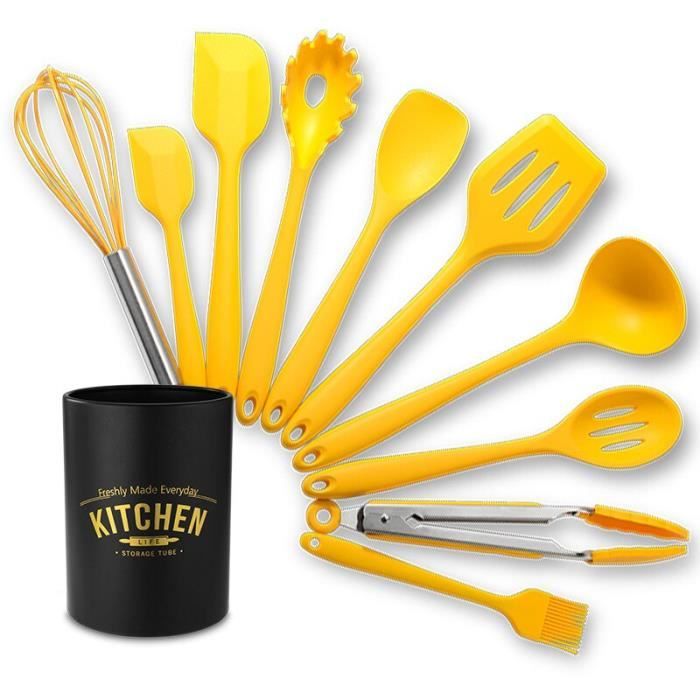Lot Ustensiles,TESHOM 10 pièces ensemble d'ustensiles de cuisine en Silicone jaune avec boîte de rangement poignée - Type 10PCS