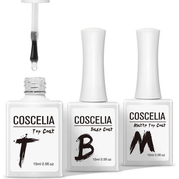 COSCELIA Vernis à Ongles Gel Primer Top Coat Base Coat Matte Top Coat Vernis Semi Permanent Soak Off 15ml