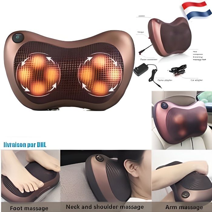 Coussin massage chauffant, massant bien etre shiatsu avec 8 rouleaux, pétrissage dos cou corp, Relax appareil de massage
