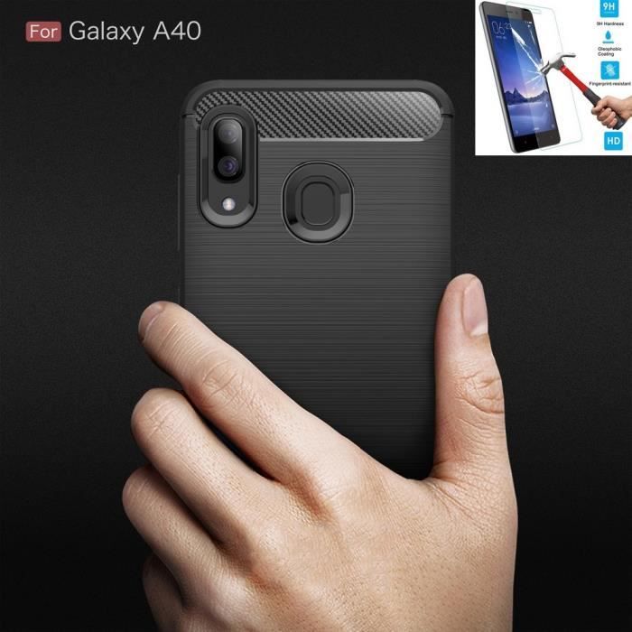 Coque Pour Samsung Galaxy A40 Carbone Noir + Film Verre Trempé Housse Etui En Silicone Gel Souple hfs-house®