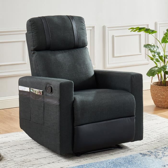 Fauteuil relax manuel en tissu anthracite et simili cuir noir mat - Collection Gillian