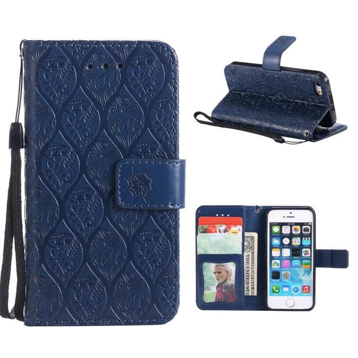Etui pour iPhone5- iPhone5c- iPhone5s- iPhoneSE,Housee Flip Cover Clapet Protecteur Dragonne Stand Support et Carte-Bleu foncé