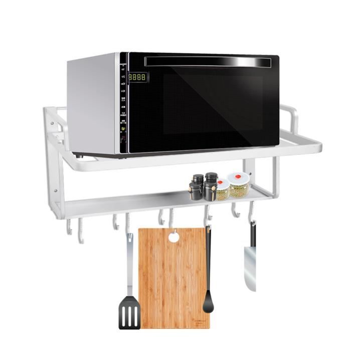 Support Cadre Étagère Murale deux Etages avec Crochet Pour Four à Micro-Ondes Cuisine en Aluminium 55 x 38.5 x 25cm HB007