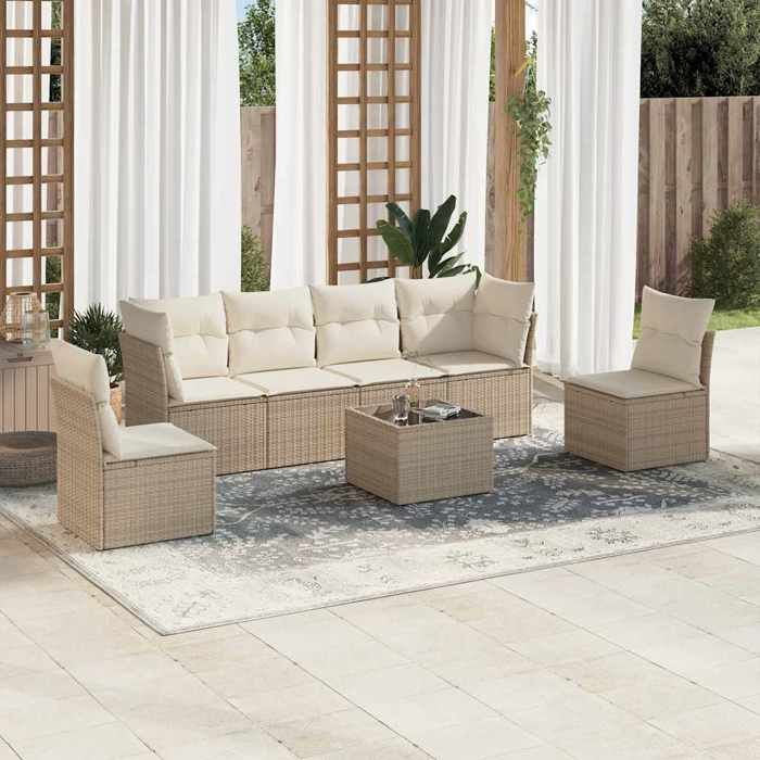 vidaXL Salon de jardin avec coussins 7 pcs beige résine tressée 3217378
