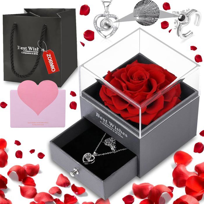 Rose Eternelle avec Bijoux, Rose Éternelle avec Collier et Anneau 100