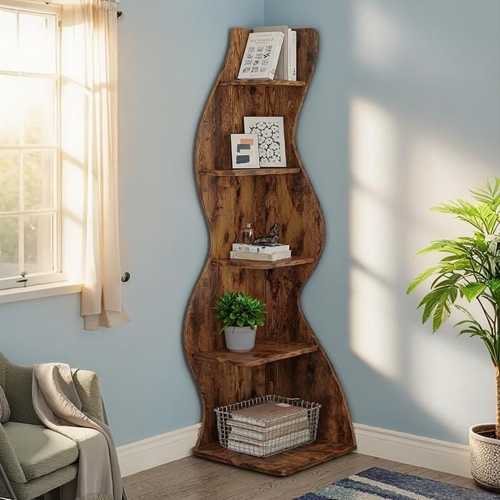 TOPESCT Étagère dangle Moderne à 5 Niveaux Petite Bibliothèque dangle élégante avec Forme Unique pour Bureau Salon Marron
