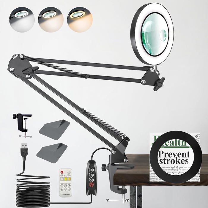 Lampe Loupe LED 15x Avec Support - 5 Couleurs Réglables - Pour Lecture, Bricolage, Couture - Alimentation USB - 9