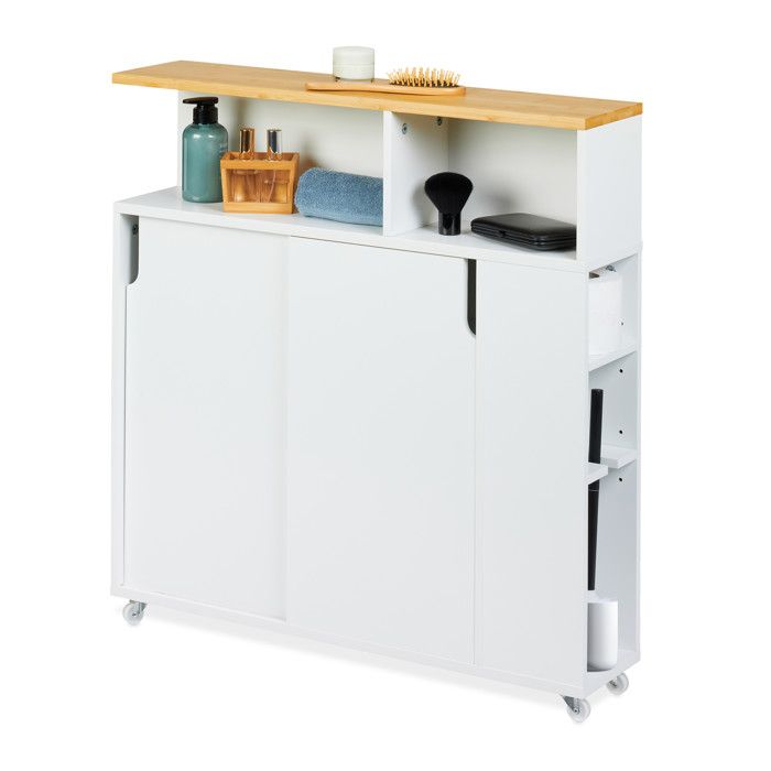 Relaxdays Armoire étroite roulettes 6 compartiments porte-brosse WC HLP : 79 x 17 x 75cm MDF bambou blanc/naturel