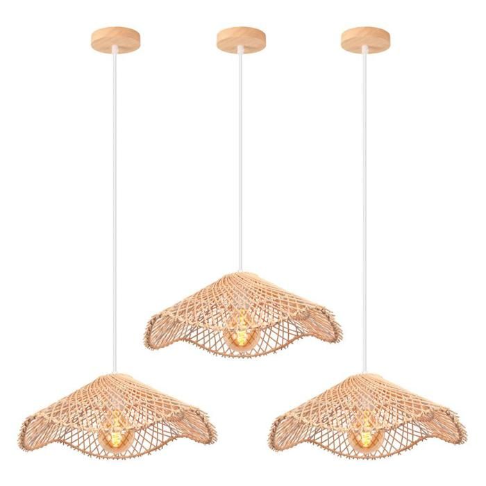 IDEGU 3x Rétro Suspension Luminaire Industriel,E27 Lustre Vintage Abat-jour en Bambou Plafonnier Style Bohème pour Salon Chambre - Maison