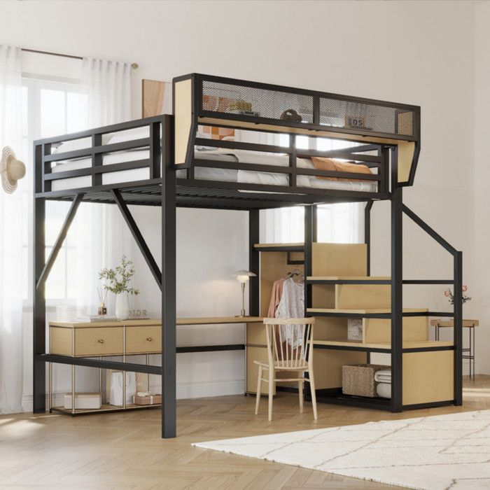 Lit Mezzanine 140x200 cm avec éChelle de SéCurité lit 2 personnes en MéTal avec Coffre de Rangement Lit Enfant Noir