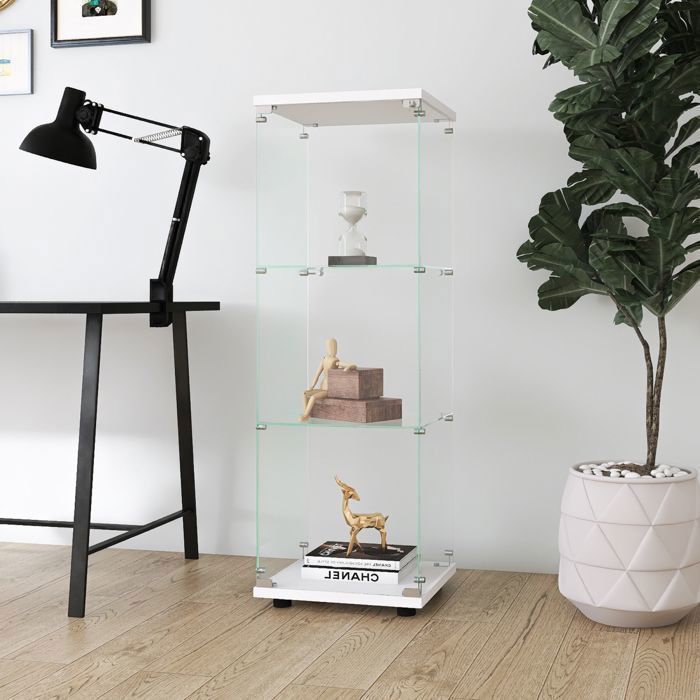 Vitrine en Verre - Vitrine avec Verrouiller - ADWOLT - 3 étagères et 1 porte - Verre Trempé - 42.5×36.5x125cm - Blanc