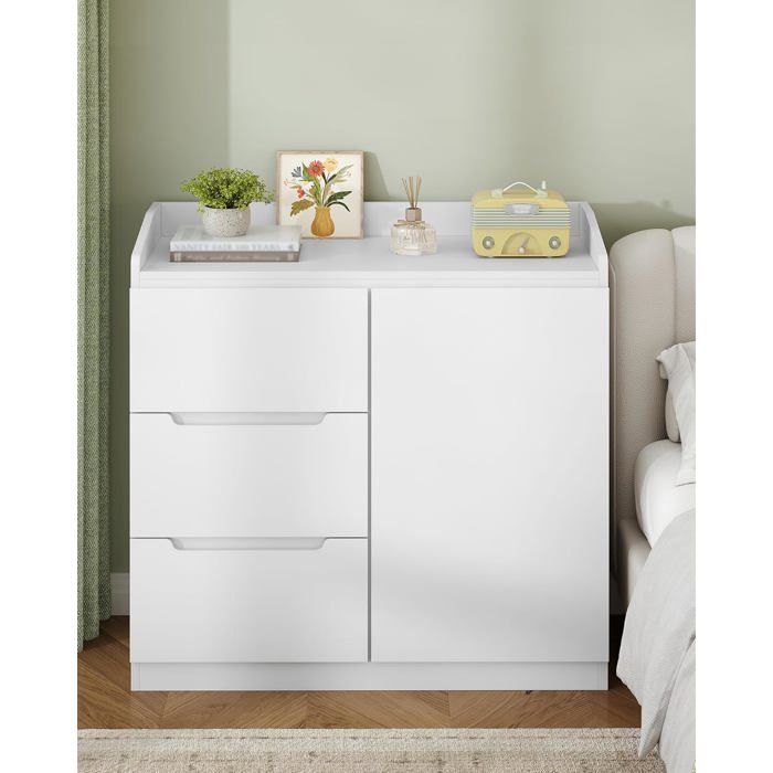 Commode Commode à 3 tiroirs Meuble de Rangement Casier avec rambarde supérieure Convient pour Le Salon et la Chambre Blanc