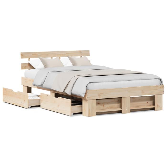 Bois Cadre de lit - CLOUD - Structure de lit - contemporain - avec tiroirs - 140 x 190 cm - En Bois de Pin Massif LV2599