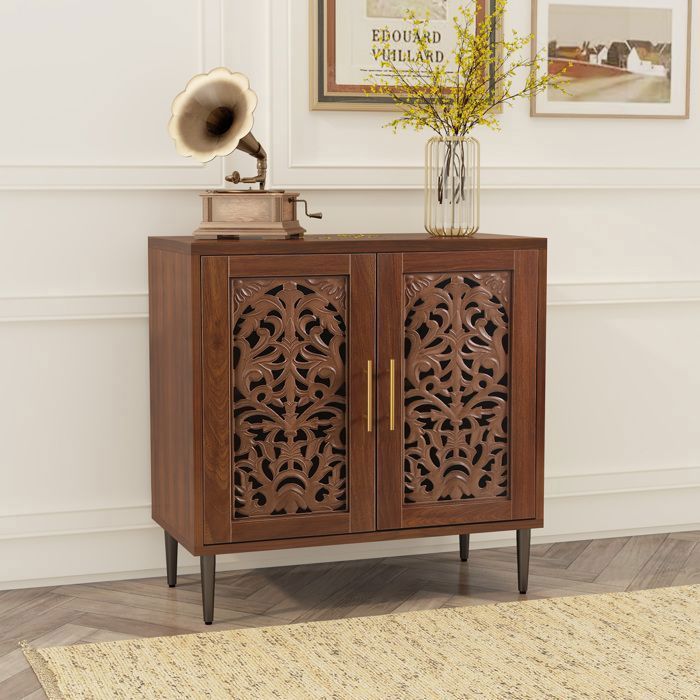 Buffet de cuisine - HOLTICO - Buffet de rangement style français avec 2 tiroirs et 2 portes sculptées - 80 x 80 x 40 cm - Brun