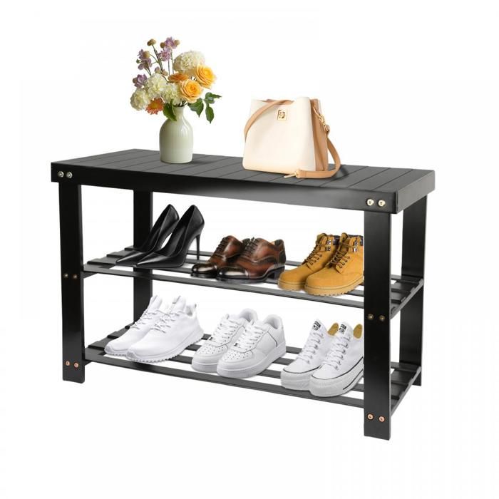 Banc à Chaussures en Bambou pour Entrée - Meuble à Chaussures à 3 Niveaux - 70x27x42 cm - Noir - LVHCMFOHM
