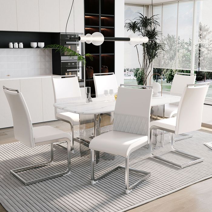 Lot de 6 chaises de salle à manger - Dossier haut - Assise rembourrée en cuir synthétique PU - Structure en métal - Blanc