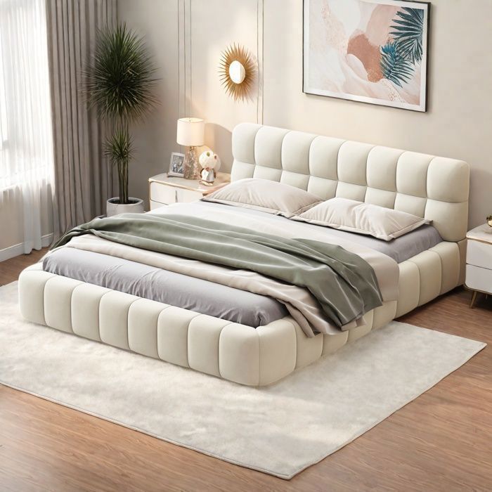 Lit double rembourré 160x200cm - Lit à bulles tapissé - Lit double tapissé avec tête de lit - Lit 160 - Sans matelas - Lin - Beige