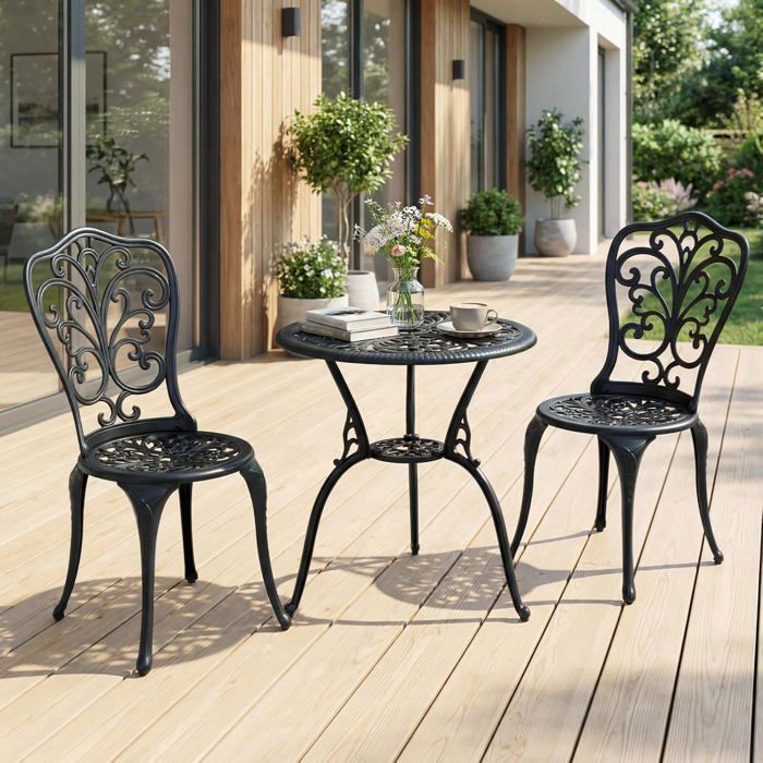 Ensemble 3 PCS Table et Chaises de Jardin COSTWAY Cadre en Aluminium Moulé Trou pour Parasol de 5 cm pour Terrasse Patio Balcon