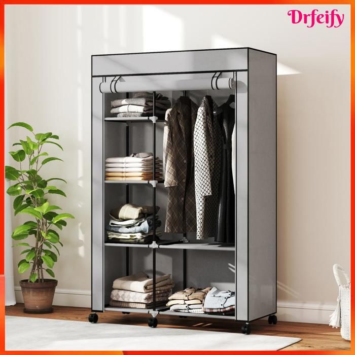 Armoire penderie en tissu - AKOZON - 12588 - Barre + étagères - 6 roulettes (3 freins) - Gris 103x43x162 5 cm