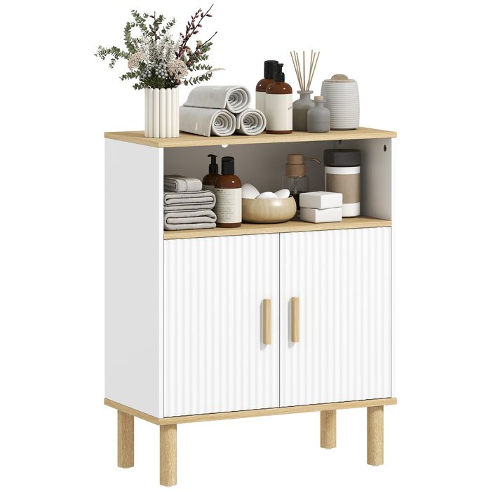 Meuble de salle de bain 2 portes &eacute;tag&egrave;re r&eacute;glable bois blanc naturel