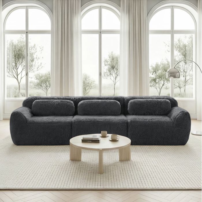 Canapé modulable 3 places gris sans montage avec ottoman relié tissu peluche et coussins