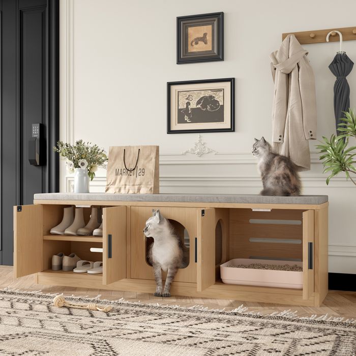 Banc à chaussure avec espace du chat - 3 espaces - griffer - meuble d’entrée - ventilé - MDF - 140x40x45.5cm - marron