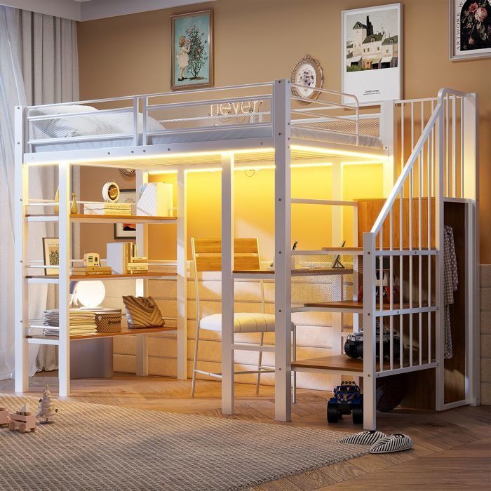 Lit Mezzanine 90x200 cm Lit Simple Multifonctionnel avec Éclairage LED Prise USB Étagères de Rangement et Bureau intégré - Blanc