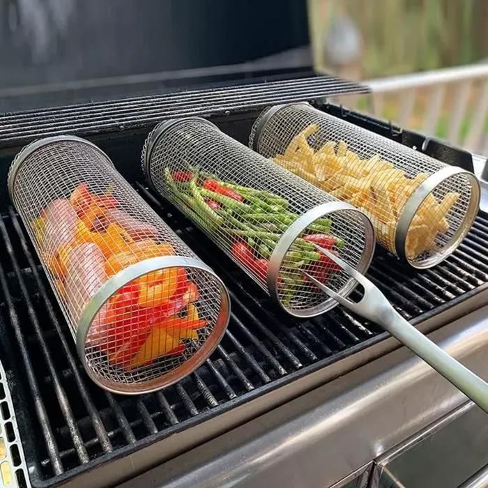 Panier cylindrique pour barbecue de 30 cm antiadhésif et inoxydable avec fumoir barbecue portable roulettes pivotantes 1 pièce