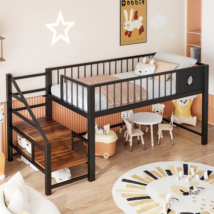 Lit haut bas pour enfants (90 x 200 cm) avec escalier de stockage cadre métallique stable adapté pour enfants et jeunesNoir