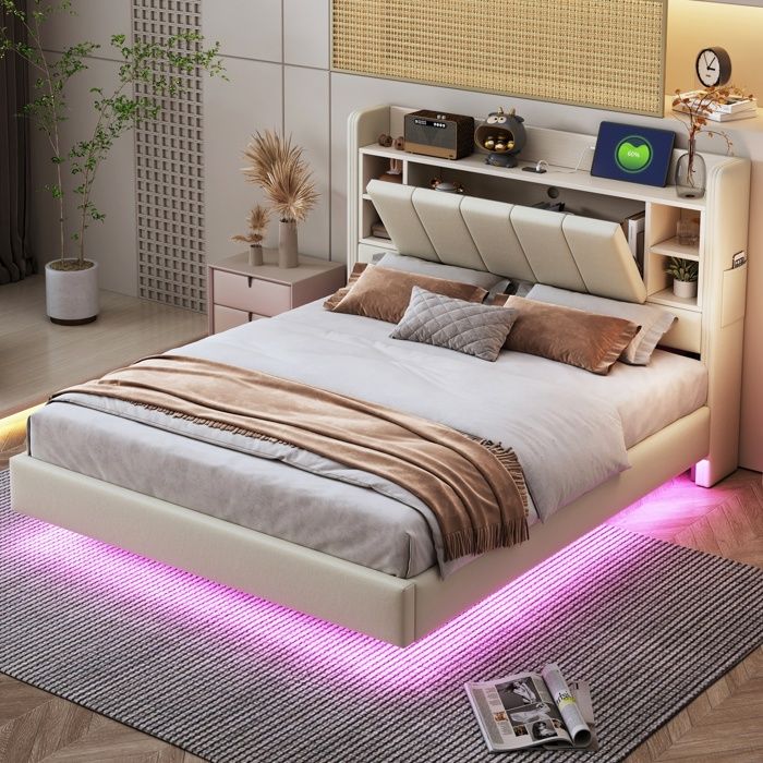 Lit capitonné 140 x 200 cm lit double adulte avec port USB et éclairage LED tête de lit avec rangement tissu lin beige