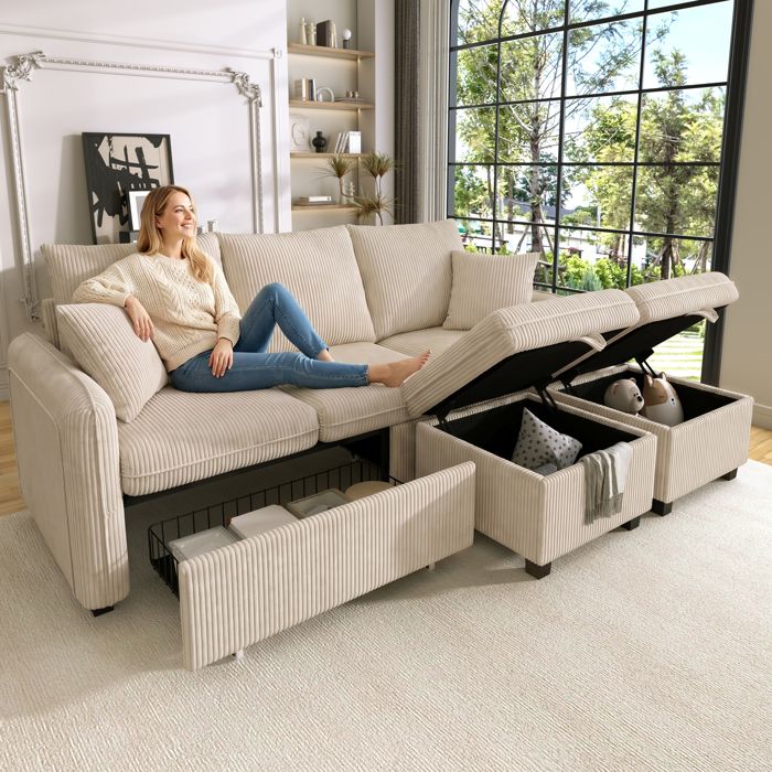 Canapé modulaire 3 places convertible avec rangement - YEAVIO - 2 poufs coffre couchage velours côtelé beige